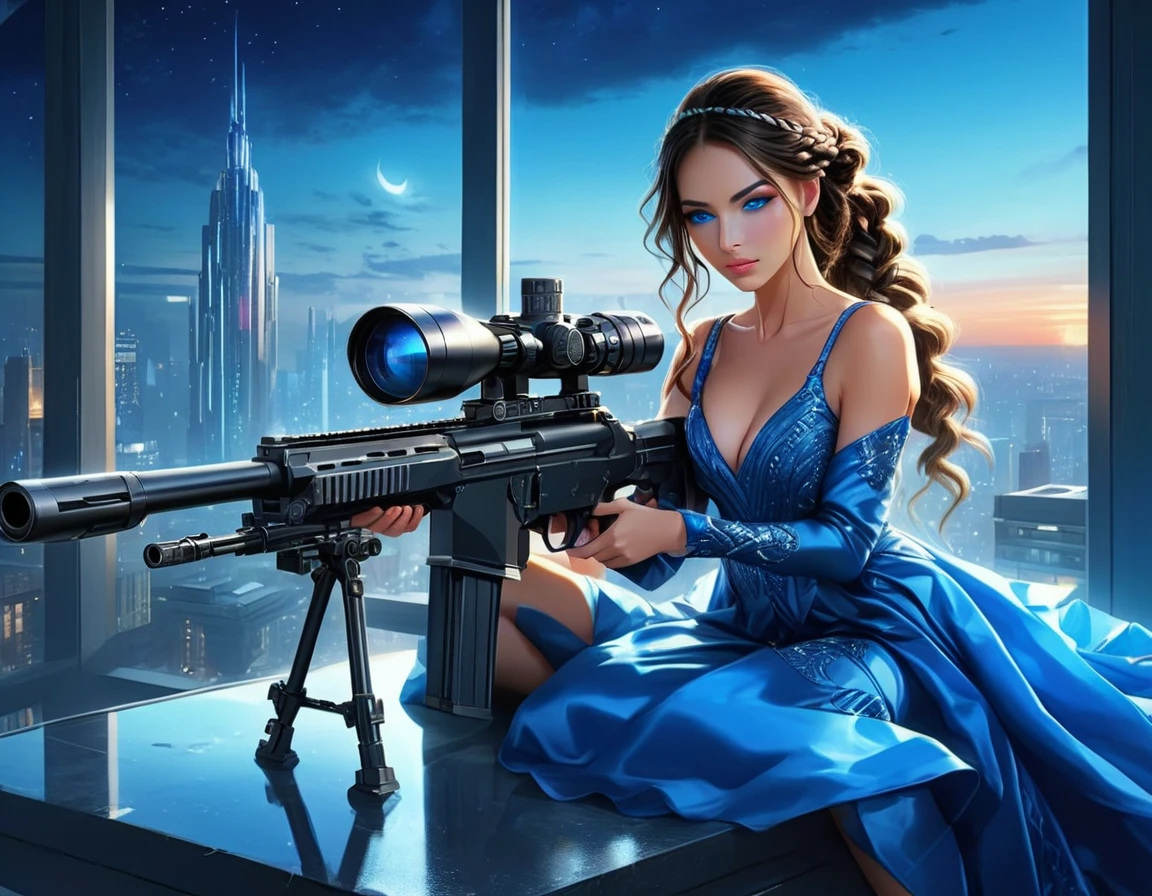 a portrait picture of a 1single woman sniper, standing in a window aiming a sniper rifle, an exotic beautiful woman sniper, dynamic hair, braided hair, full body shop, intense blue eyes, ultra detailed face, wearing (intricate evening dress: 1.5), elegant dress, dynamic color, dynamic style, wearing elegant stiletto heels , behind a window in a tall building at nigh, aiming a Light Sniper Rifle , cyberpunk city background, its night time, moon rays, some clouds,  (full body shot: 1.1) , vibrant, Ultra-high resolution, High Contrast, (masterpiece:1.5), highest quality, Best aesthetics), best details, best quality, highres, ultra wide angle, 16k, [ultra detailed], masterpiece, best quality, (extremely detailed) Sniper Rifle, evening dress