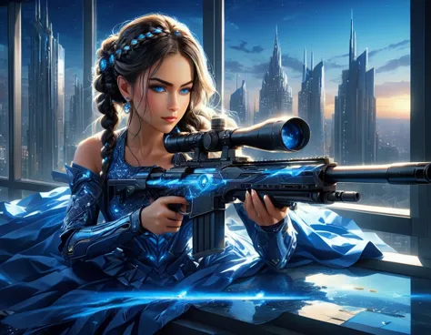 a portrait picture of a 1single woman sniper, standing in a window aiming a sniper rifle, an exotic beautiful woman sniper, dyna...