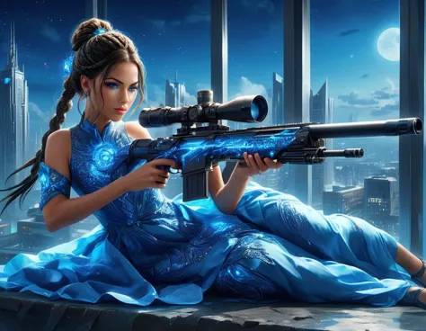 a portrait picture of a 1single woman sniper, standing in a window aiming a sniper rifle, an exotic beautiful woman sniper, dyna...