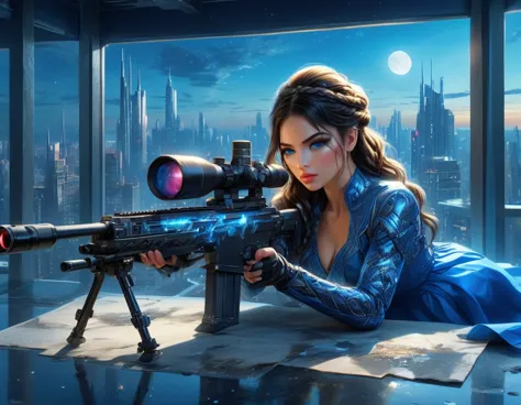 a portrait picture of a 1single woman sniper, standing in a window aiming a sniper rifle, an exotic beautiful woman sniper, dyna...