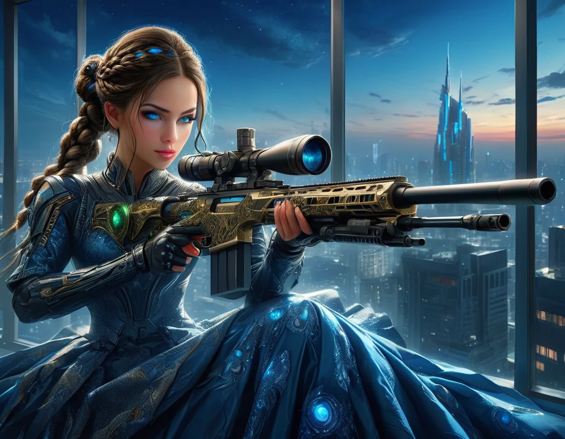 a portrait picture of a 1single woman sniper, standing in a window aiming a sniper rifle, an exotic beautiful woman sniper, dynamic hair, braided hair, full body shop, intense blue eyes, ultra detailed face, wearing (intricate evening dress: 1.5), elegant dress, dynamic color, dynamic style, wearing elegant stiletto heels , behind a window in a tall building at nigh, aiming a Light Sniper Rifle , cyberpunk city background, its night time, moon rays, some clouds,  ((anatomically correct: 1.5)),  (full body shot: 1.1) , vibrant, Ultra-high resolution, High Contrast, (masterpiece:1.5), highest quality, Best aesthetics), best details, best quality, highres, ultra wide angle, 16k, [ultra detailed], masterpiece, best quality, (extremely detailed) Sniper Rifle, evening dress