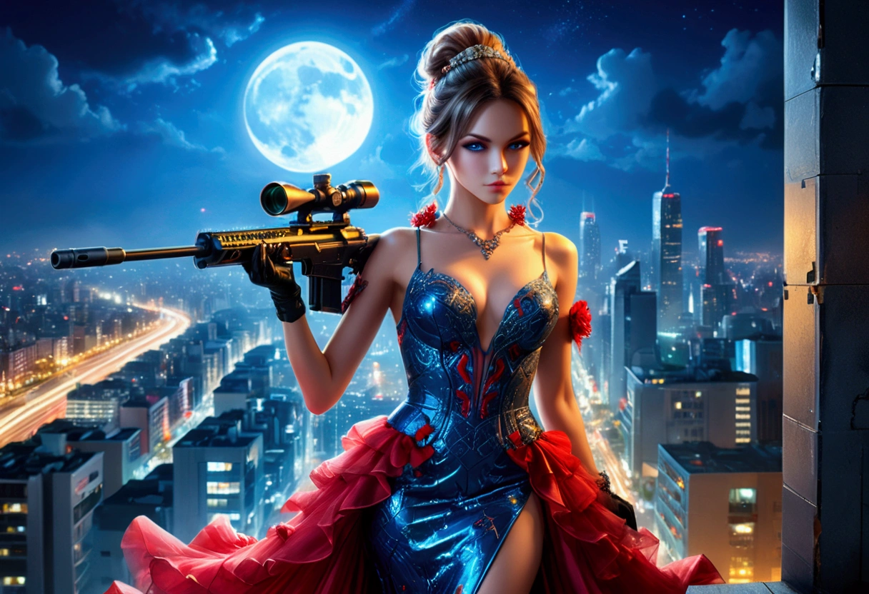 a portrait picture of a 1single woman sniper, standing in a window aiming a sniper rifle, an exotic beautiful woman sniper, dynamic hair, braided hair, full body shop, intense blue eyes, ultra detailed face, wearing (intricate evening dress: 1.5), elegant dress, red dress, dynamic style, wearing elegant stiletto heels , behind a window in a tall building at nigh, aiming a Light Sniper Rifle , cyberpunk city background, its night time, moon rays, some clouds, ((anatomically correct: 1.5)), (full body shot: 1.1) , vibrant, Ultra-high resolution, High Contrast, (masterpiece:1.5), highest quality, Best aesthetics), best details, best quality, highres, ultra wide angle, 16k, [ultra detailed], masterpiece, best quality, (extremely detailed) Sniper Rifle, evening dress, ladyshadow