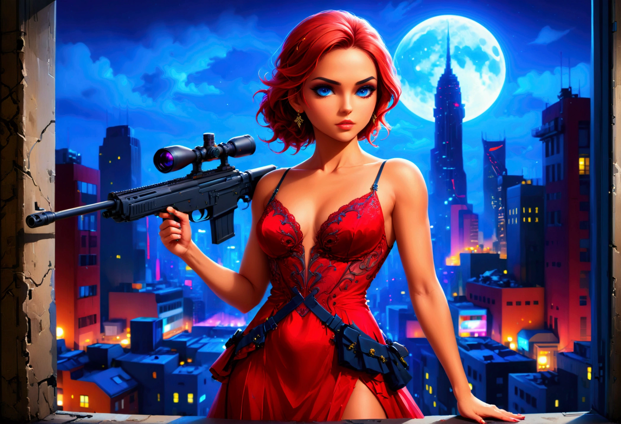 a portrait picture of a 1single woman sniper, standing in a window aiming a sniper rifle, an exotic beautiful woman sniper, dynamic hair, braided hair, full body shop, intense blue eyes, ultra detailed face, wearing (intricate evening dress: 1.5), elegant dress, red dress, dynamic style, wearing elegant stiletto heels , behind a window in a tall building at nigh, aiming a Light Sniper Rifle , cyberpunk city background, its night time, moon rays, some clouds, ((anatomically correct: 1.5)), (full body shot: 1.1) , vibrant, Ultra-high resolution, High Contrast, (masterpiece:1.5), highest quality, Best aesthetics), best details, best quality, highres, ultra wide angle, 16k, [ultra detailed], masterpiece, best quality, (extremely detailed) Sniper Rifle, evening dress, ladyshadow