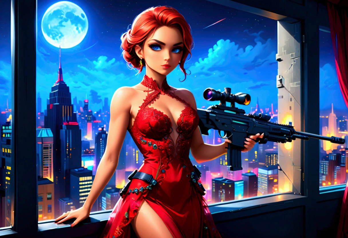 a portrait picture of a 1single woman sniper, standing in a window aiming a sniper rifle, an exotic beautiful woman sniper, dynamic hair, braided hair, full body shop, intense blue eyes, ultra detailed face, wearing (intricate evening dress: 1.5), elegant dress, red dress, dynamic style, wearing elegant stiletto heels , behind a window in a tall building at nigh, aiming a Light Sniper Rifle , cyberpunk city background, its night time, moon rays, some clouds, ((anatomically correct: 1.5)), (full body shot: 1.1) , vibrant, Ultra-high resolution, High Contrast, (masterpiece:1.5), highest quality, Best aesthetics), best details, best quality, highres, ultra wide angle, 16k, [ultra detailed], masterpiece, best quality, (extremely detailed) Sniper Rifle, evening dress, ladyshadow