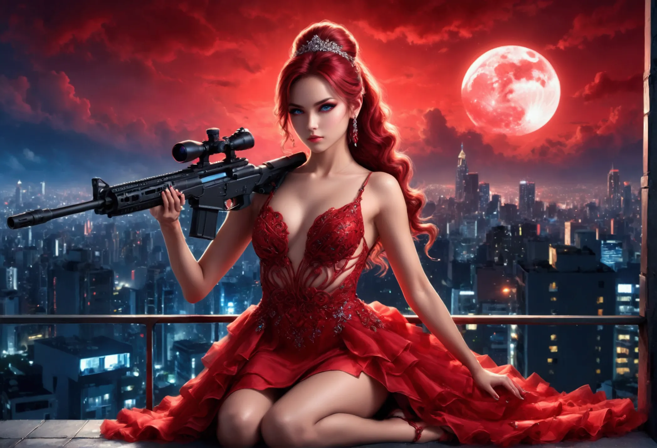 a portrait picture of a 1single woman sniper, standing in a window aiming a sniper rifle, an exotic beautiful woman sniper, dyna...