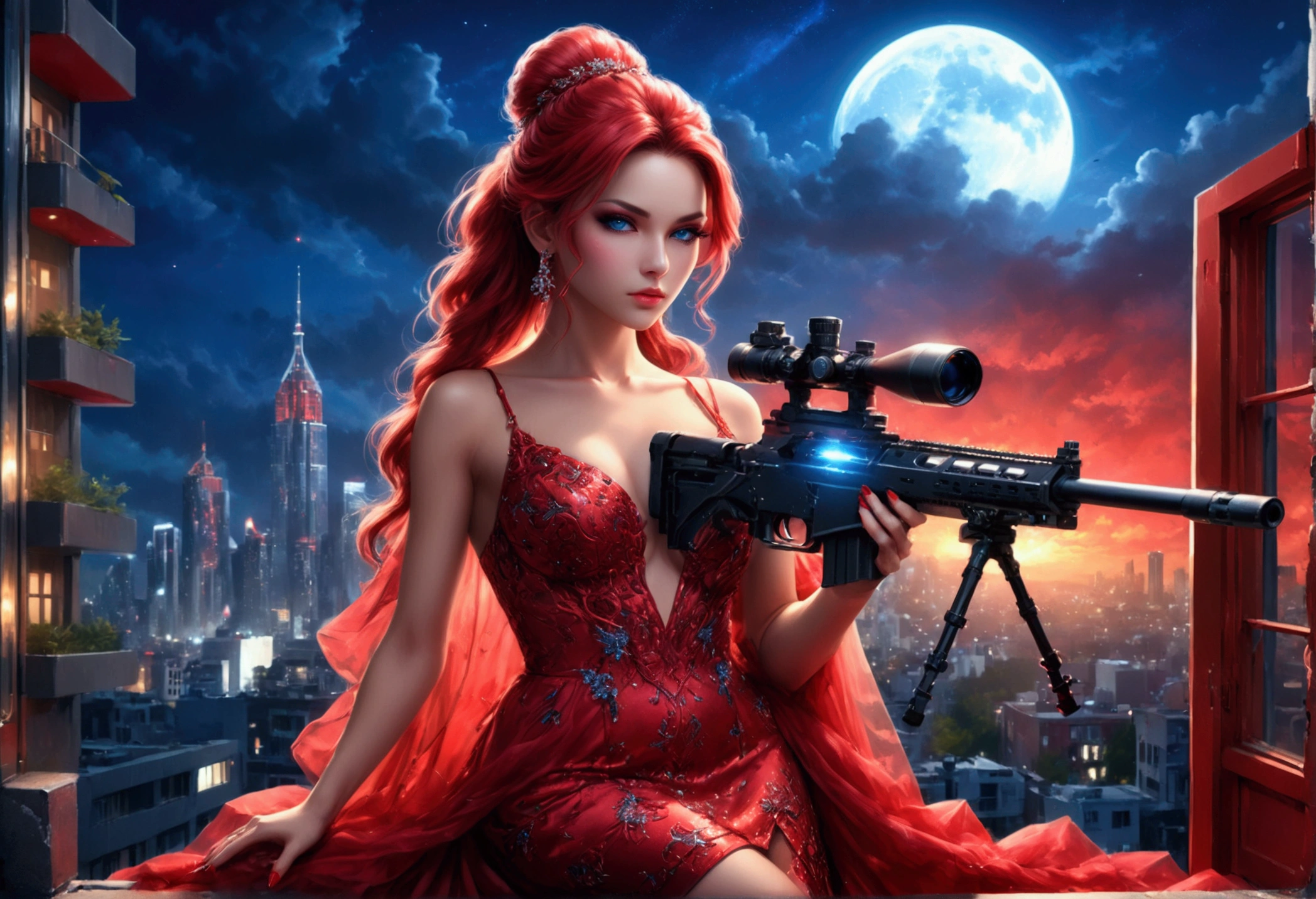 a portrait picture of a 1single woman sniper, standing in a window aiming a sniper rifle, an exotic beautiful woman sniper, dynamic hair, braided hair, full body shop, intense blue eyes, ultra detailed face, wearing (intricate red evening dress: 1.5), elegant dress, red dress, dynamic style, wearing elegant stiletto heels , behind a window in a tall building at nigh, aiming a Light Sniper Rifle , cyberpunk city background, its night time, moon rays, some clouds, ((anatomically correct: 1.5)), (full body shot: 1.1) , vibrant, Ultra-high resolution, High Contrast, (masterpiece:1.5), highest quality, Best aesthetics), best details, best quality, highres, ultra wide angle, 16k, [ultra detailed], masterpiece, best quality, (extremely detailed) Sniper Rifle, evening dress, ladyshadow