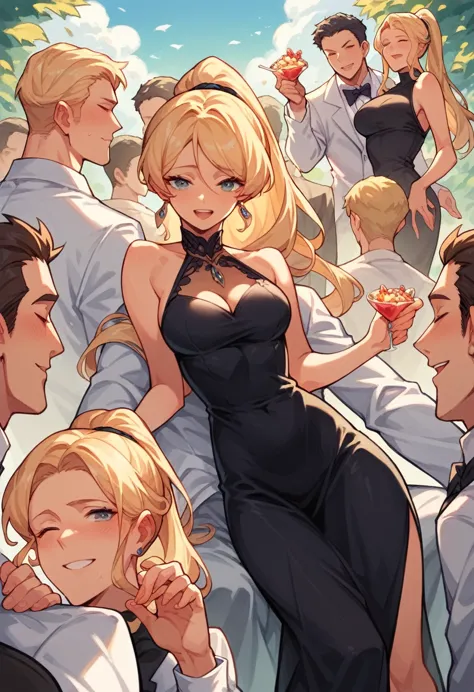 comic style, manga,in dialogues, 6 scenes. beautiful blonde, long hair, ponytail, sexy black dress, in a party, many people. man...