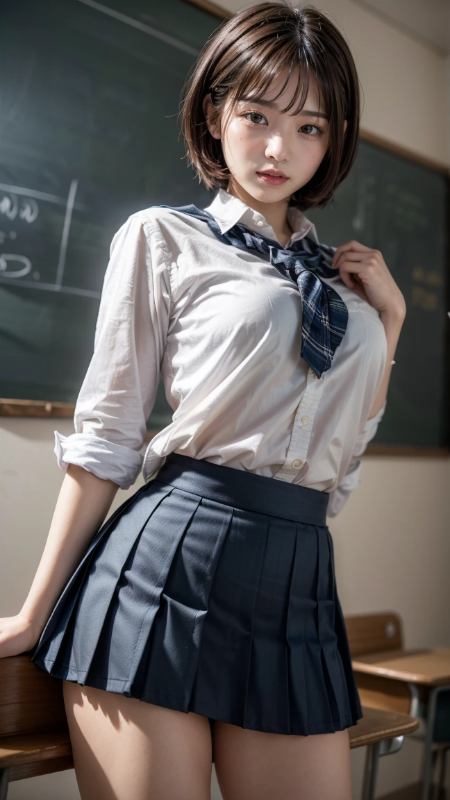 (Realistic:1.4), Highest quality, masterpiece, RAW32K Photo, (Very detailed美しい日本の女の子), (Very fine particles:1.2), (Baby Face),(Cute Face:1.2), Very detailed, Ultra-high resolution, wonderful, break,
(school uniform:1.5), Detailed school girl, (Bright classroom 1.3、Moody light), Beautiful detailed girl, blonde、Cute Face, mini skirt,(thigh)、(She lifted her skirt to reveal her white panties.)、((short hair))、Big Breasts、Big Tits、Gal