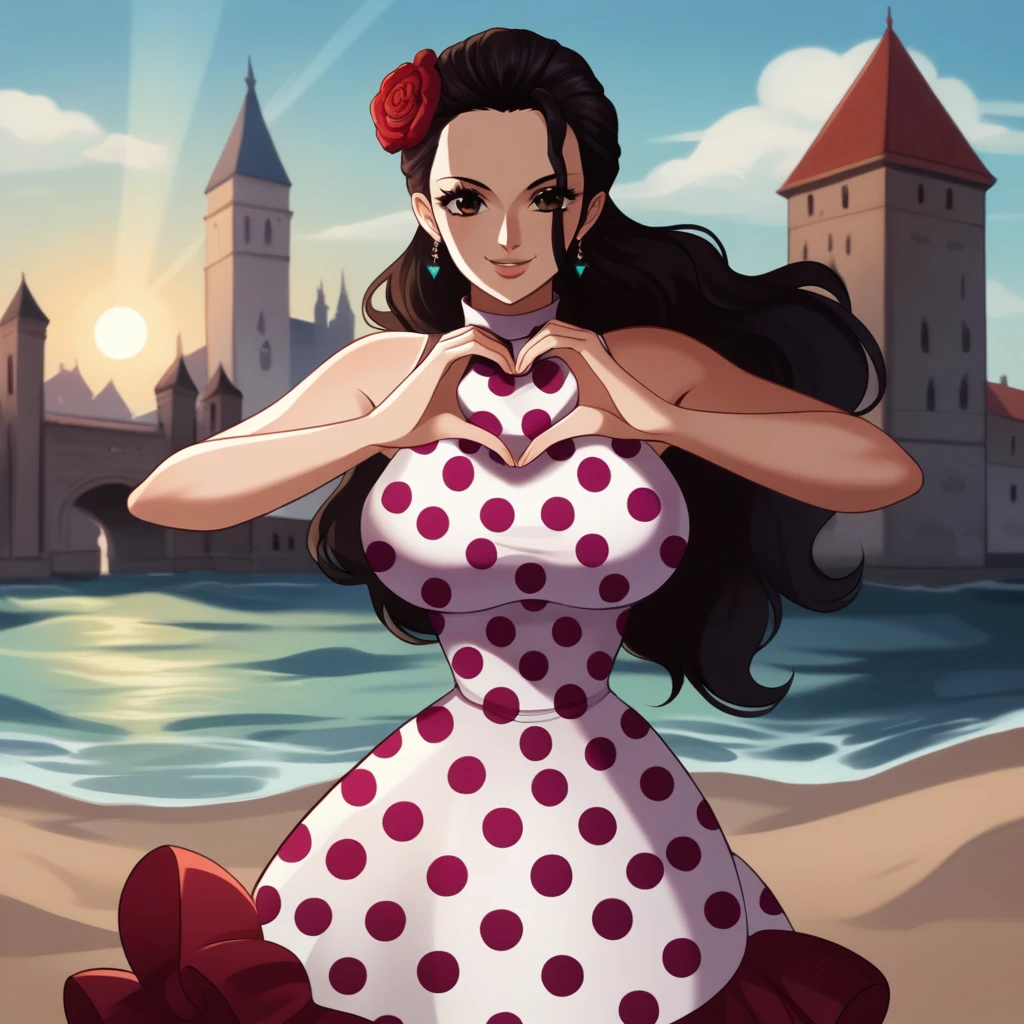 score_9, score_8_up, source_anime BREAK solo, looking at viewer, cowboy shot, violaop, brown eyes, black hair, long hair, hair slicked back, earrings, hair flower, polka dot dress, sleeveless dress, frilled dress, jewelry, heart fingers, heart hands, smile, curvy, large breasts, city, sand, medieval, sun, sunlight,