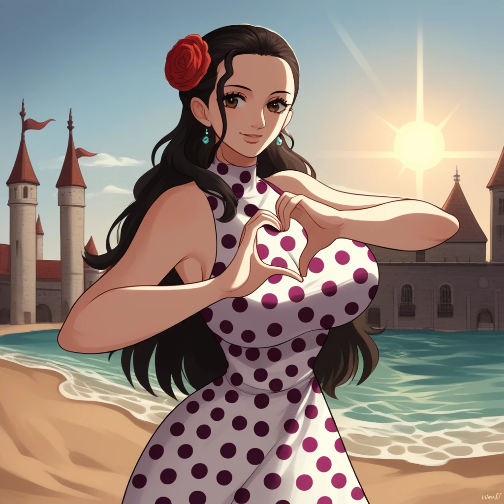 score_9, score_8_up, source_anime BREAK solo, looking at viewer, cowboy shot, violaop, brown eyes, black hair, long hair, hair slicked back, earrings, hair flower, polka dot dress, sleeveless dress, frilled dress, jewelry, heart fingers, heart hands, smile, curvy, large breasts, city, sand, medieval, sun, sunlight,