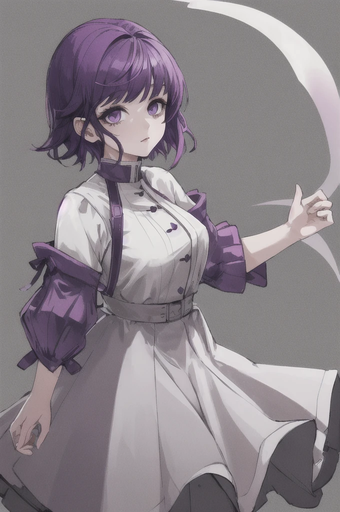 girl with short purple hair, white eyes, in a ghost dress, highly detailed high contrast hd masterpiece of best quality in high resolution.