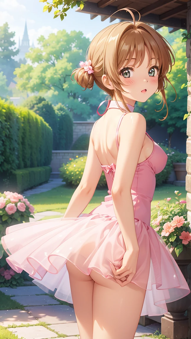 masterpiece, best quality, highres, 1girl, detailed face, blush, anime CG style, (medium breasts), (18 year old girl:1.3), (aged up), good lighting, perfect body, sakura kinomoto, glossy lips, looking back at viewer, garden, tutu, (see-through:0.9)