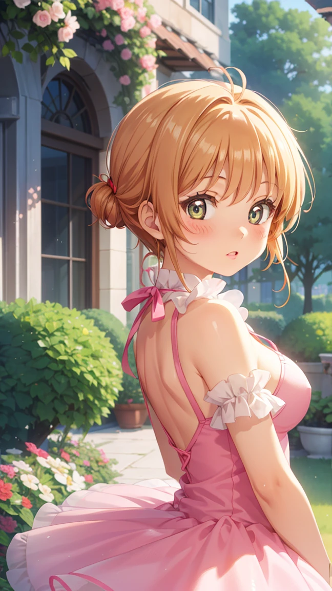 masterpiece, best quality, highres, 1girl, detailed face, blush, anime CG style, (medium breasts), (18 year old girl:1.3), (aged up), good lighting, perfect body, sakura kinomoto, glossy lips, looking back at viewer, garden, tutu, (see-through:0.9)