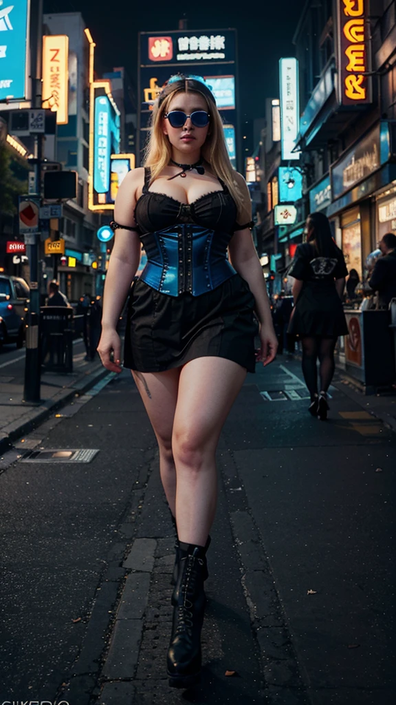 Eine wunderschöne mollige Frau in einem Kleid und einer Sonnenbrille geht eine Stadtstraße entlang, cyberpunk art, von Ni Yuanlu, gotische Kunst, Porträt von Alice im Wunderland, ( Kellnerin ) Mädchen, blaues Korsett, blonde Mädchen in a cosmic dress, Fantastischer Hintergrund einer Cyberpunk-Industriemetropole, Neonlicht, cyberpunk details, Atmosphärische Kontraste, Kerem-Couplet, john watkiss, Soloporträt, 