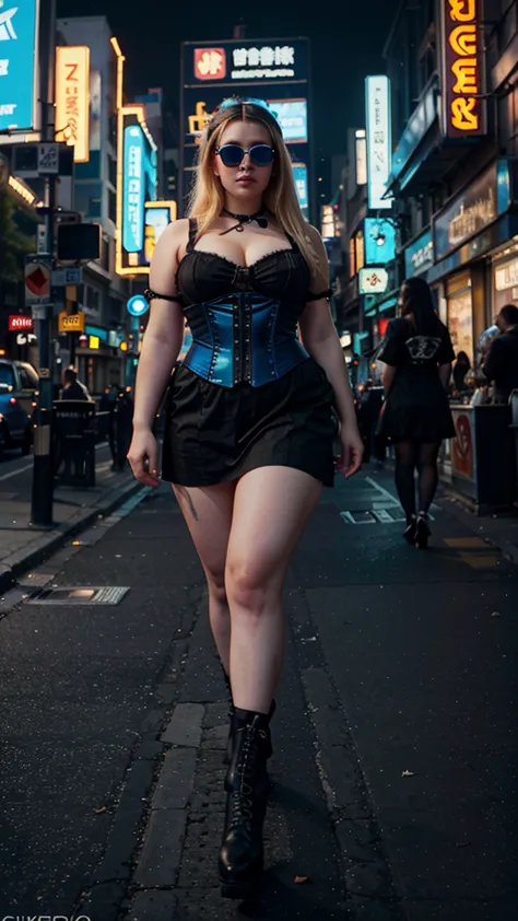 A beautiful chubby woman in a dress and sunglasses walking down a city street, cyberpunk art, by Ni Yuanlu, gothic art, portrait...
