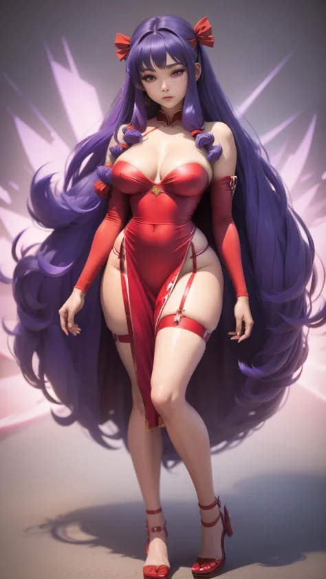 shampoo beautiful in her red dress and garters asian with big breasts and big hips small waist full body purple hair very close ...