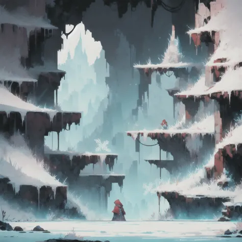 a gigantic scene of a frozen wasteland seen side by side, sidescroller parallax scene of a frozen wasteland