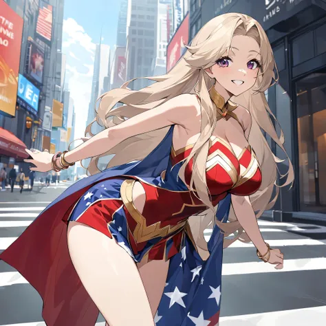 a woman wearing a wonder woman uniform from marvel, uniform with the colors of the united states, beige hair, long hair, burgund...