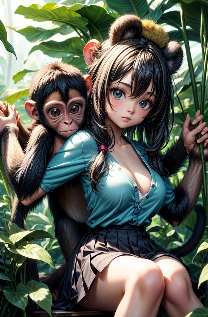 A (((tween holding a monkey and a monkey in her arms,))) Nami from one piece. Wearing micro skirt. ((And her get hugs with Lewd monkey groping her in jungle)).(realistic arts), intricate, (monkey craves her carnally), nipslip, puffy nip, ((monkey grabbing breasts))