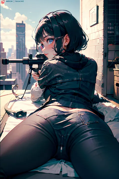 1girl, from behind, sniper, afb-lora, holding rifle, aiming, sniper rifle, scope, 50Caliber, lying on stomach, ass focus, on roo...