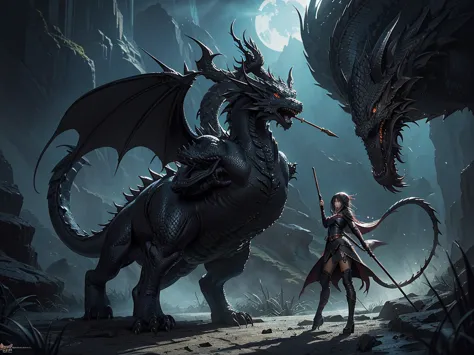 anime style artwork，a woman holds a stick in front of a dragon, epic fantasy digital art style, 4k fantasy art, epic fantasy art...