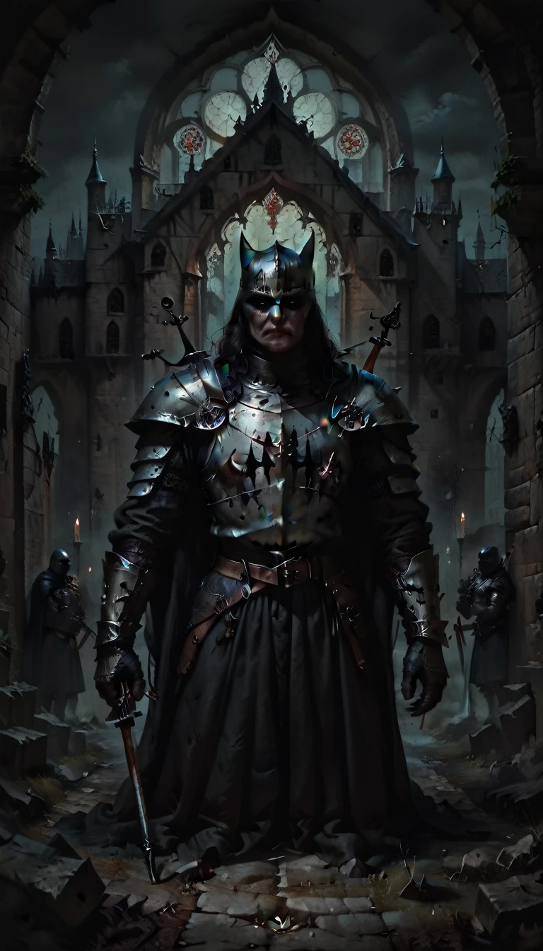 Batman dark knight,medieval knight,crossbow,heavily armored,intricate armor,medieval castle,moody lighting,cinematic,dramatic lighting,dark fantasy,epic,gritty,grungy,chiaroscuro,muted colors,cool tones,dramatic angle,high contrast,atmospheric,cinematic composition,hyper detailed,masterpiece,best quality,4k,8k,highres,ultra-detailed,realistic,photorealistic,photo-realistic