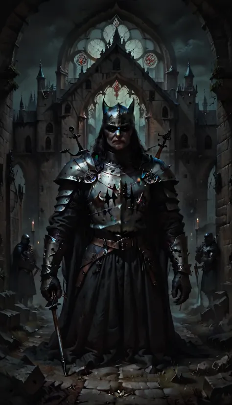 Batman dark knight,medieval knight,crossbow,heavily armored,intricate armor,medieval castle,moody lighting,cinematic,dramatic li...