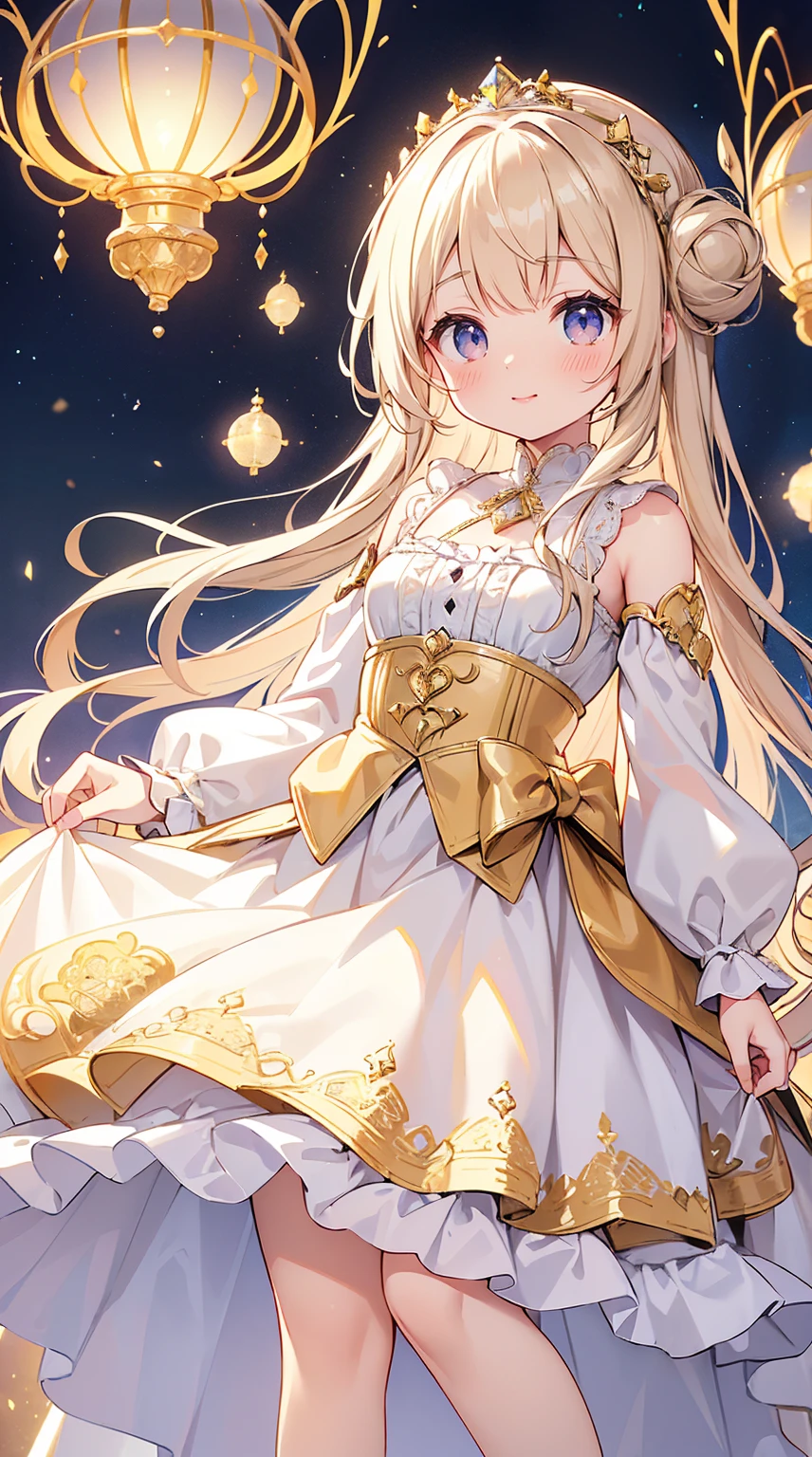 (quality, 4K, High resolution, masterpiece), ((Perfect Anatomy)), Cute Woman , tchibi, Light brown hair, Beige Hair, Long white hair, Gradient Eye ,((👄)), smile, Break Break Break, Wainwright dress with pastel lace trim, Crystallization of clothes, Striped cloth, Colorful clothing, Gradient Background, Floating light spot, ((A princess in a gorgeous rococo ball gown，Beautifully embroidered and decorated with jewels, Voluminous long skirt with frills)), ((Petticoat)), (Small underbust), (Spark of Light)