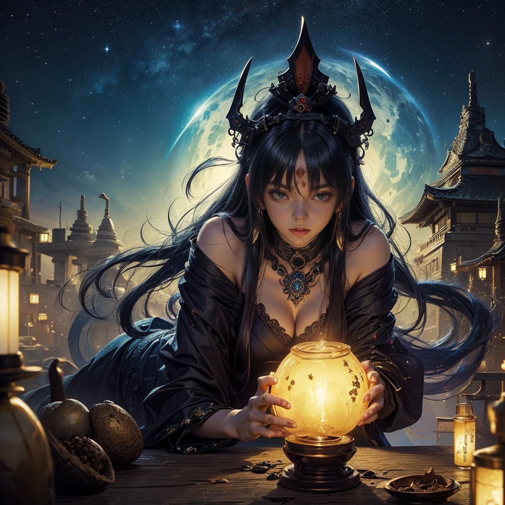 (Tabletop, Highest qualityの, Highest quality, Official Art, (beautifully、beautiful:1.4), (oil:1.4) ),  (Tsukuyomi:1.5), God of Japanese God Stories, fleeting beauty, A mysterious being illuminated by the starry sky, god&#39;Grace, Calm and thoughtful expression, Flowing Heavenly Robe, Silver glow illuminating nocturnal landscapes, Dance of shadows and lights, Whispers of Ancient Legends