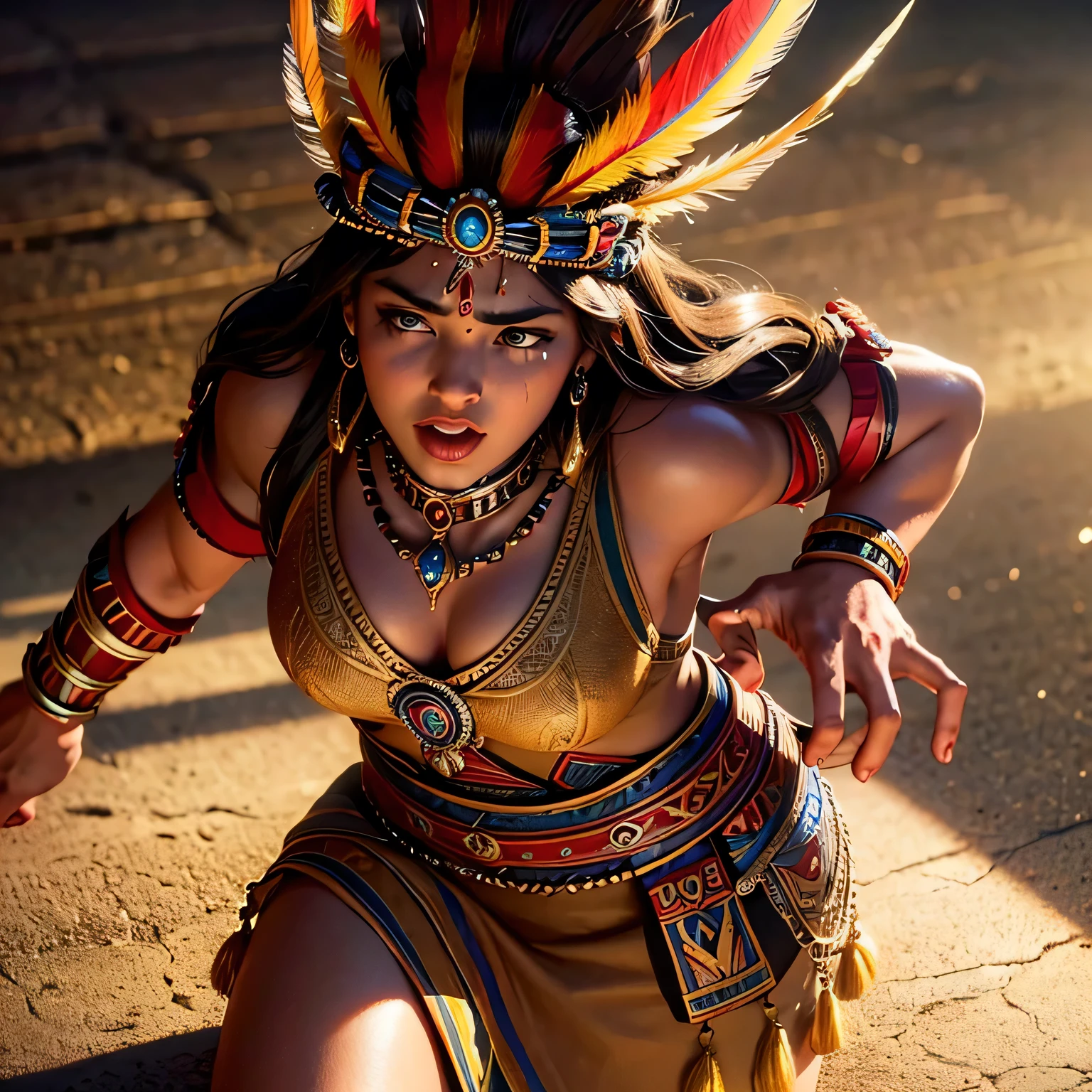 a muscular aztec warrior god, detailed aztec style clothing, detailed feathered headdress, dramatic lighting, intricate patterns, rich colors, chiaroscuro lighting, cinematic composition, (best quality,4k,8k,highres,masterpiece:1.2),ultra-detailed,(realistic,photorealistic,photo-realistic:1.37),extremely detailed face and body, powerful expression, dynamic pose, ornate jewelry, detailed feathers, warm color palette, dramatic shadows, cinematic lighting