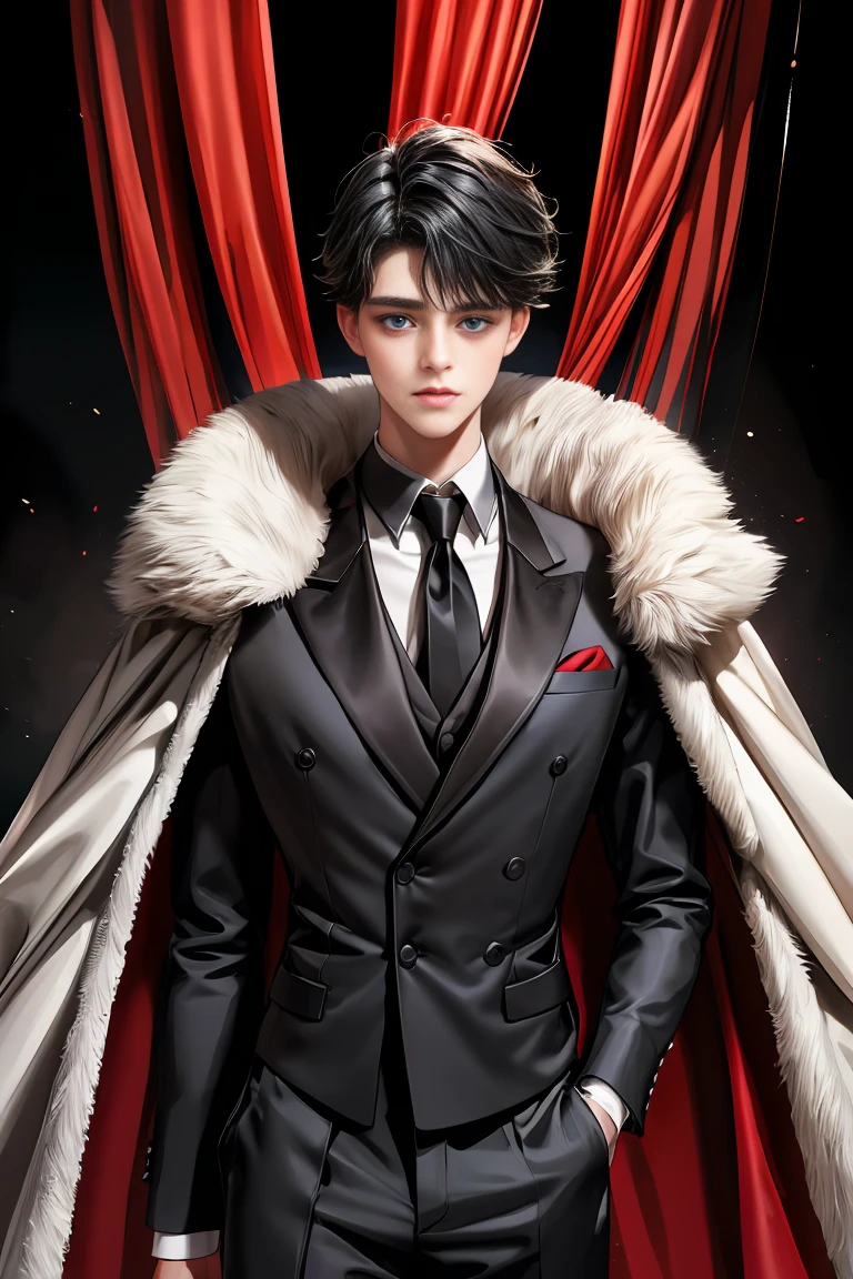 
masterpiece, 最high quality, high quality, 1 boy, alone, Male focus, Watching the audience,  Messy black hair, Adorable big blue eyes, White people, Noble, Noble,Sexy voluminous black and red cape、Tuxedo、A very voluminous, large, very large, very large, long, long red and black cape with a high stand-up collar, reaching down to the floor, made of a lot of fabric., 17 years old,Cute beautiful boys,Cute, cute, kind, handsome guy