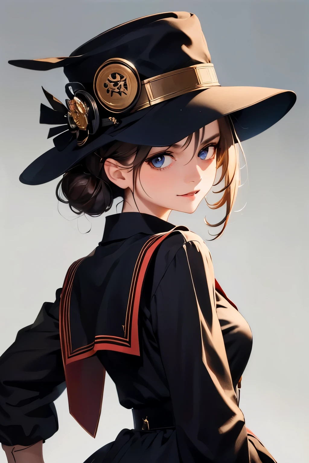 8620 (maitetsu),8620 (uniform),masterpiece, best quality, ultra-detailed, illustration,black dress,hat,looking back,:d,white background,((Eye highlights))