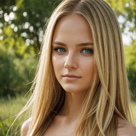 Create an ultra-realistic 8K photograph of a young woman with long, flowing blonde hair and striking green eyes. The lighting sh...