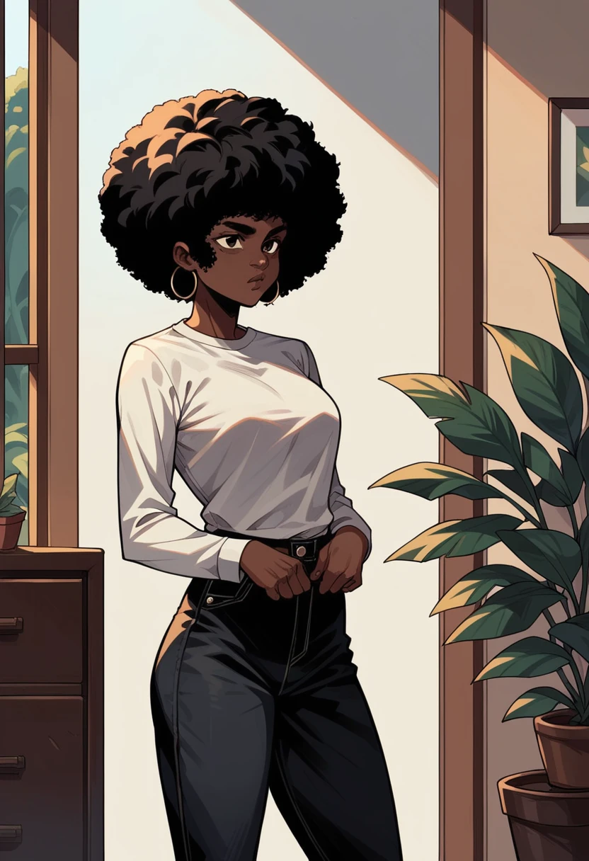 puntaje_9, puntaje_8_arriba, puntaje_7_arriba, puntaje_6_arriba, solo, cabello corto, afro, camisa, mangas largas, pantalones, adentro