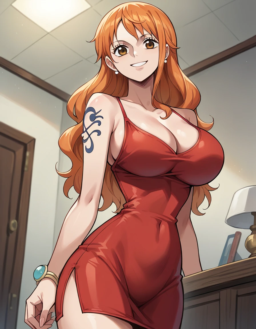 score_9, score_8_up, score_7_up, source_anime, best quality, clear face, Nami, orange hair, long hair, orange eyes, large breasts, perfect body, standing, looking at viewer, smile, cleavage, dynamic angle, tight dress, red clothes, thighs, hotel room 