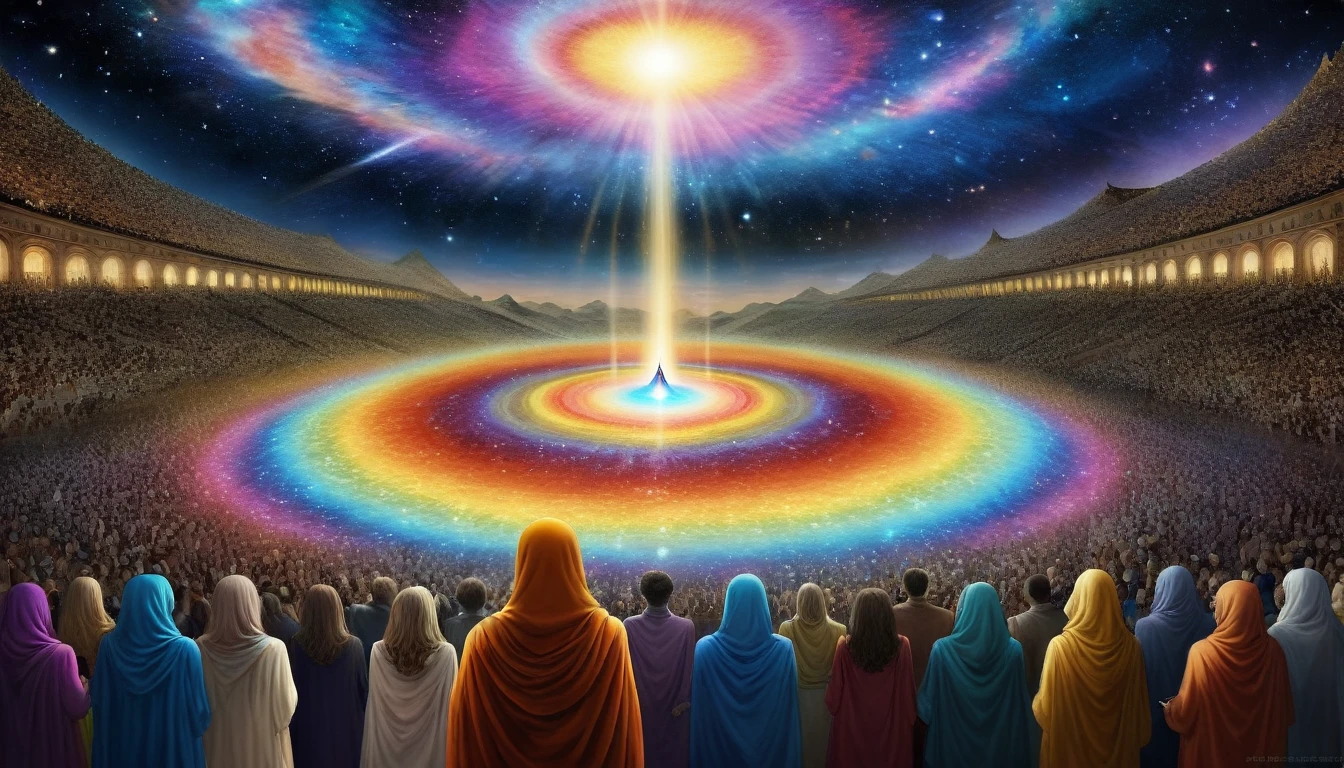 The art should be digital and contain surreal elements. In the center of the image, place a person surrounded by a crowd who conveys feelings of déjà vu,person who sees past times,past lives sensation in soul  xilogravura style,coloured bright images,spiritual feeling looking to spiritual universe