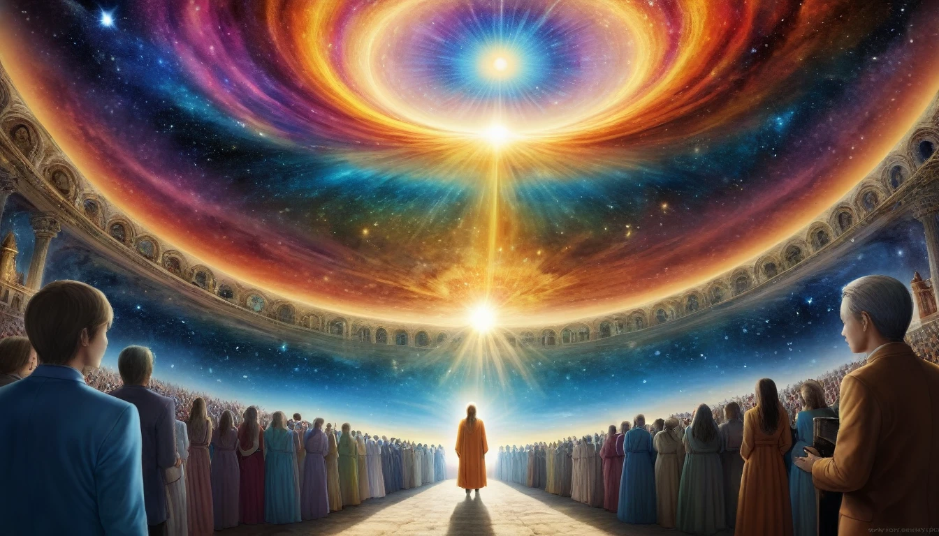 The art should be digital and contain surreal elements. In the center of the image, place a person surrounded by a crowd who conveys feelings of déjà vu,person who sees past times,past lives sensation in soul  xilogravura style,coloured bright images,spiritual feeling looking to spiritual universe