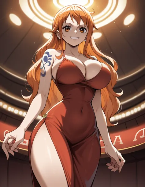 score_9, score_8_up, score_7_up, source_anime, best quality, clear face, nami, orange hair, long hair, orange eyes, large breast...