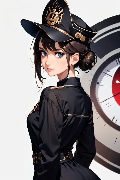 8620 (maitetsu),8620 (uniform),masterpiece, best quality, ultra-detailed, illustration,black dress,hat,looking back,:d,white bac...