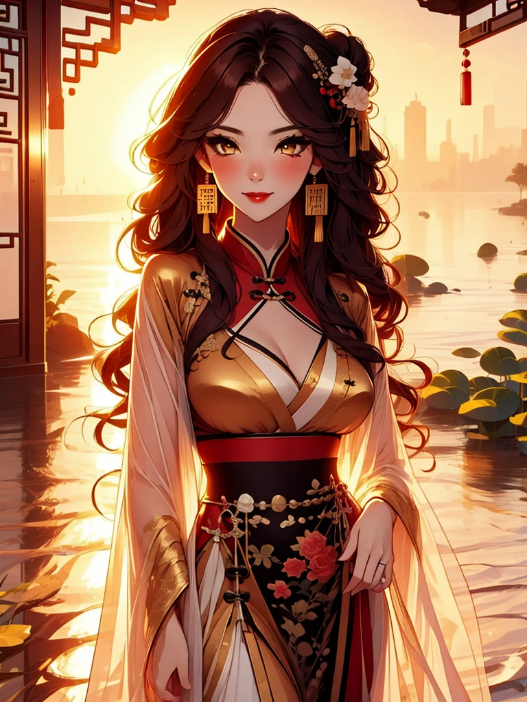 score_9, score_8_up, score_7_up, score_6_up, score_5_up, score_4_up, Xian Mei, golden eyes, red curly hair, tied hair, hair in a bun, hairpin, traditional Chinese red wedding hanfu dress, Yourqipao Red Embroidery Chinese Xiuhe Hanfu Women's Satin Cheongsam Ancient Traditional Chinese Bride , Wedding Dress, Long Dresses, long earrings, red lipstick, detailed eyes, traditional wear, sexy attractive, hot, traditional, smiling widely, happy, blushing, lotuses, sitting, chibi, cute, 