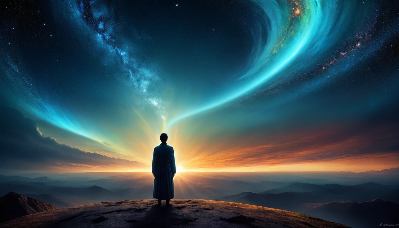 The art should be digital and contain surreal elements. In the center of the image, place a person looking at the horizon surrounded by a energy,dark image, feelings of déjà vu,person who sees past times,past lives sensation in soul xilogravura style,coloured bright images,spiritual feeling looking to spiritual universe