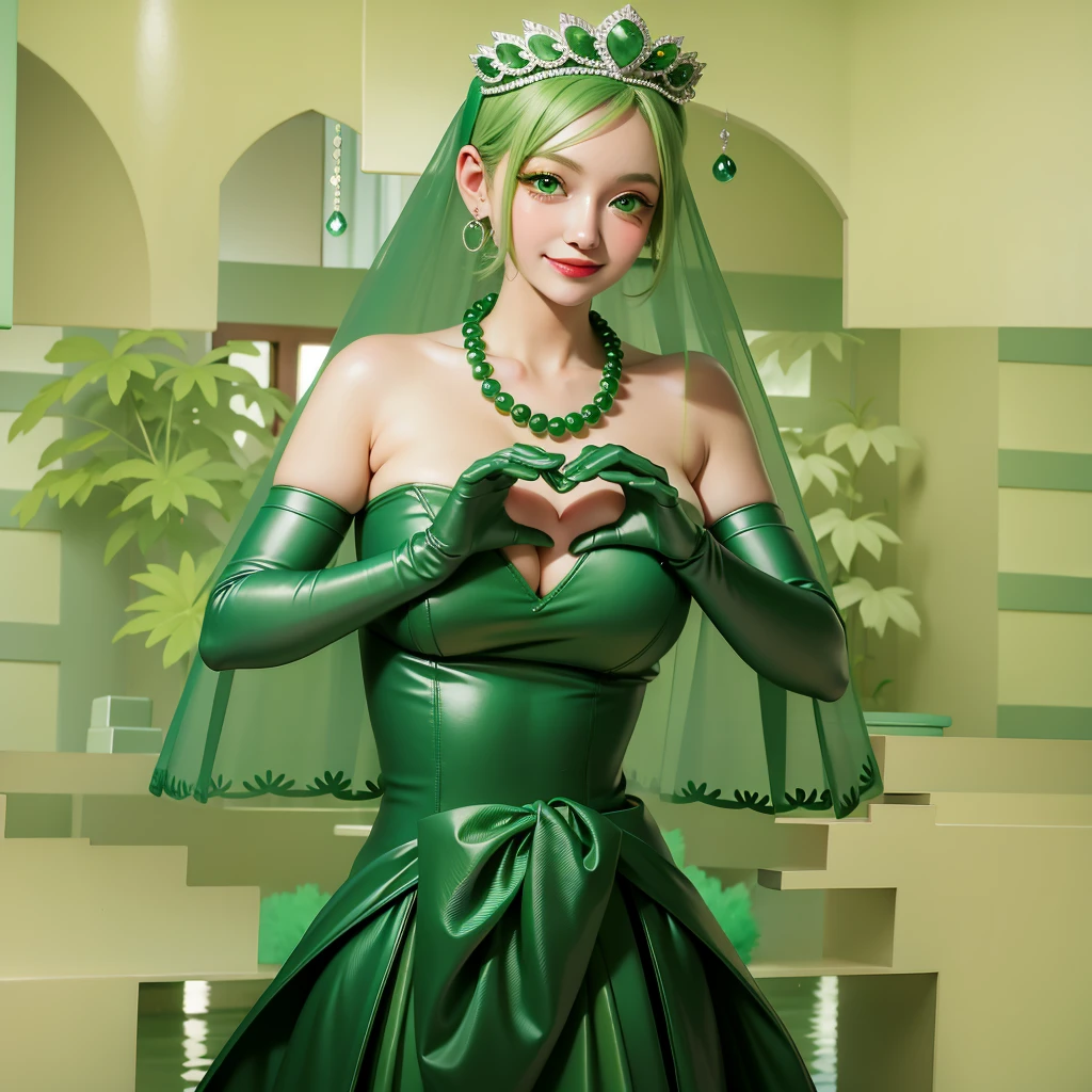 Emerald tiara, Green Pearl Necklace, ボーイッシュな非常に短いGreen Hair, Green Lips, Smiling Japanese woman, Very short hair, Busty beautiful lady, Green Eyes, Green satin long gloves, Green Eyes, Emerald Earrings, Green veil, Heart with both hands, Green Hair, Beautiful Japanese Woman, Heart shaped hands:1.3, green lip gloss