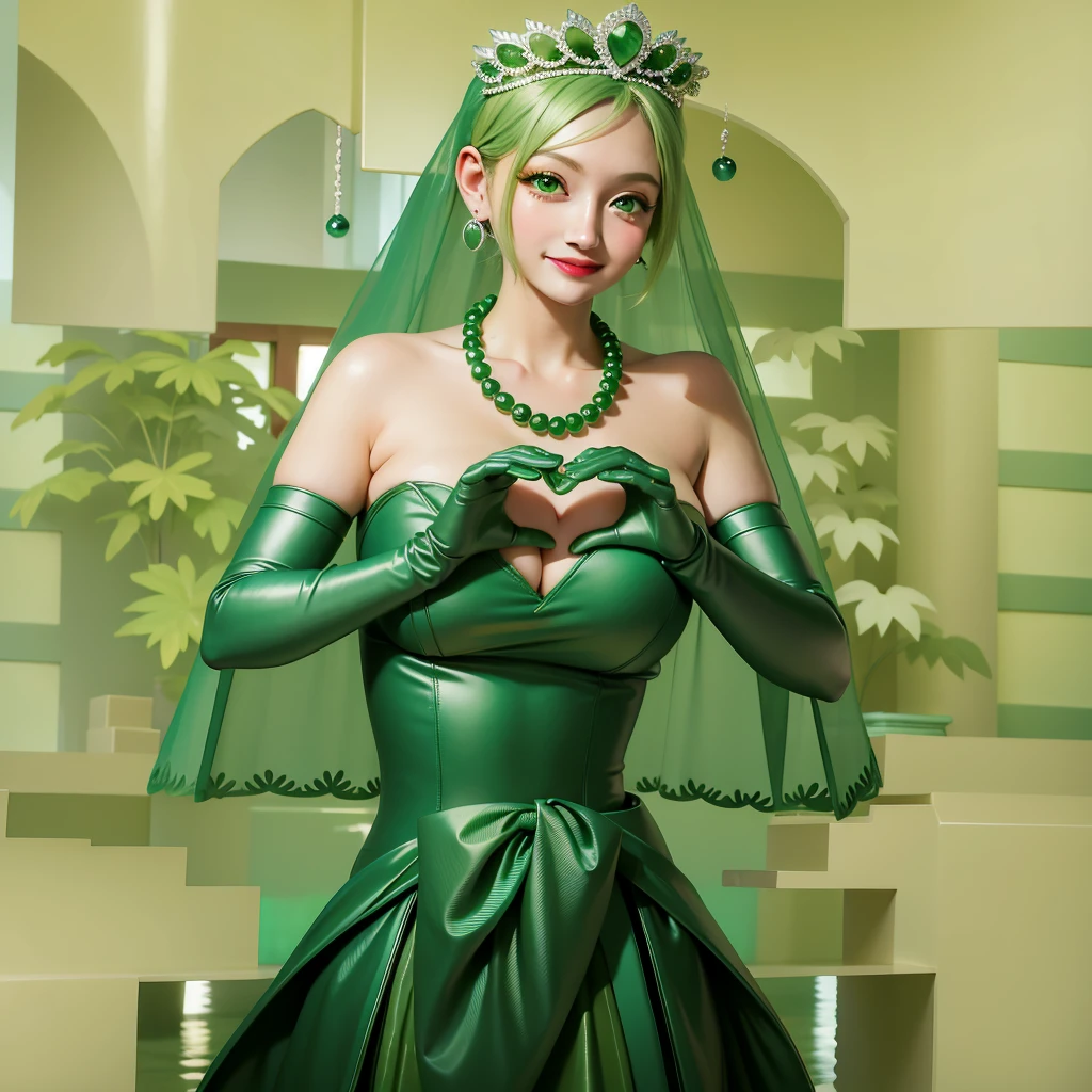 Emerald tiara, Green Pearl Necklace, ボーイッシュな非常に短いGreen Hair, Green Lips, Smiling Japanese woman, Very short hair, Busty beautiful lady, Green Eyes, Green satin long gloves, Green Eyes, Emerald Earrings, Green veil, Heart with both hands, Green Hair, Beautiful Japanese Woman, Heart shaped hands:1.3, green lip gloss