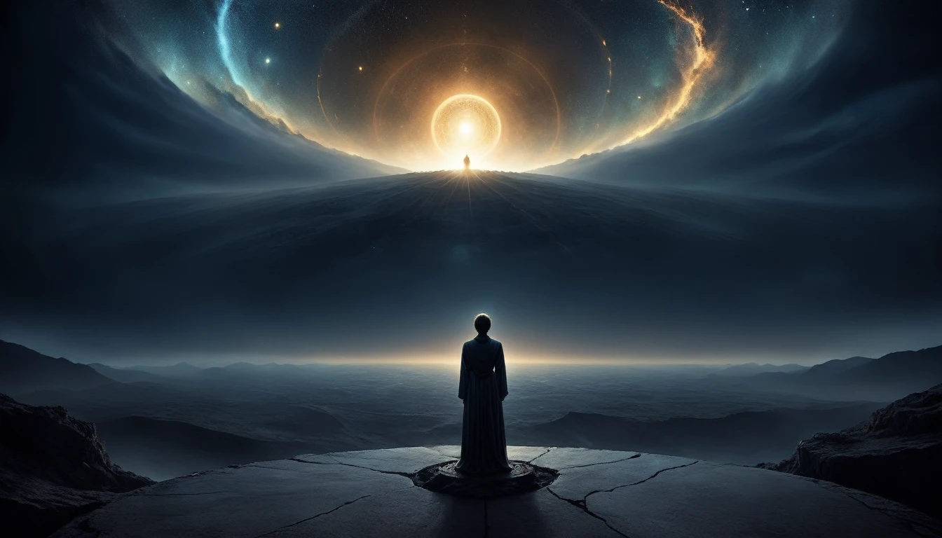 The art should be digital and contain surreal elements. In the center of the image, place a person looking at the horizon surrounded by a energy,dark image, feelings of déjà vu,person who sees past times,past lives sensation in soul xilogravura style,dark images,spiritual feeling looking to spiritual universe