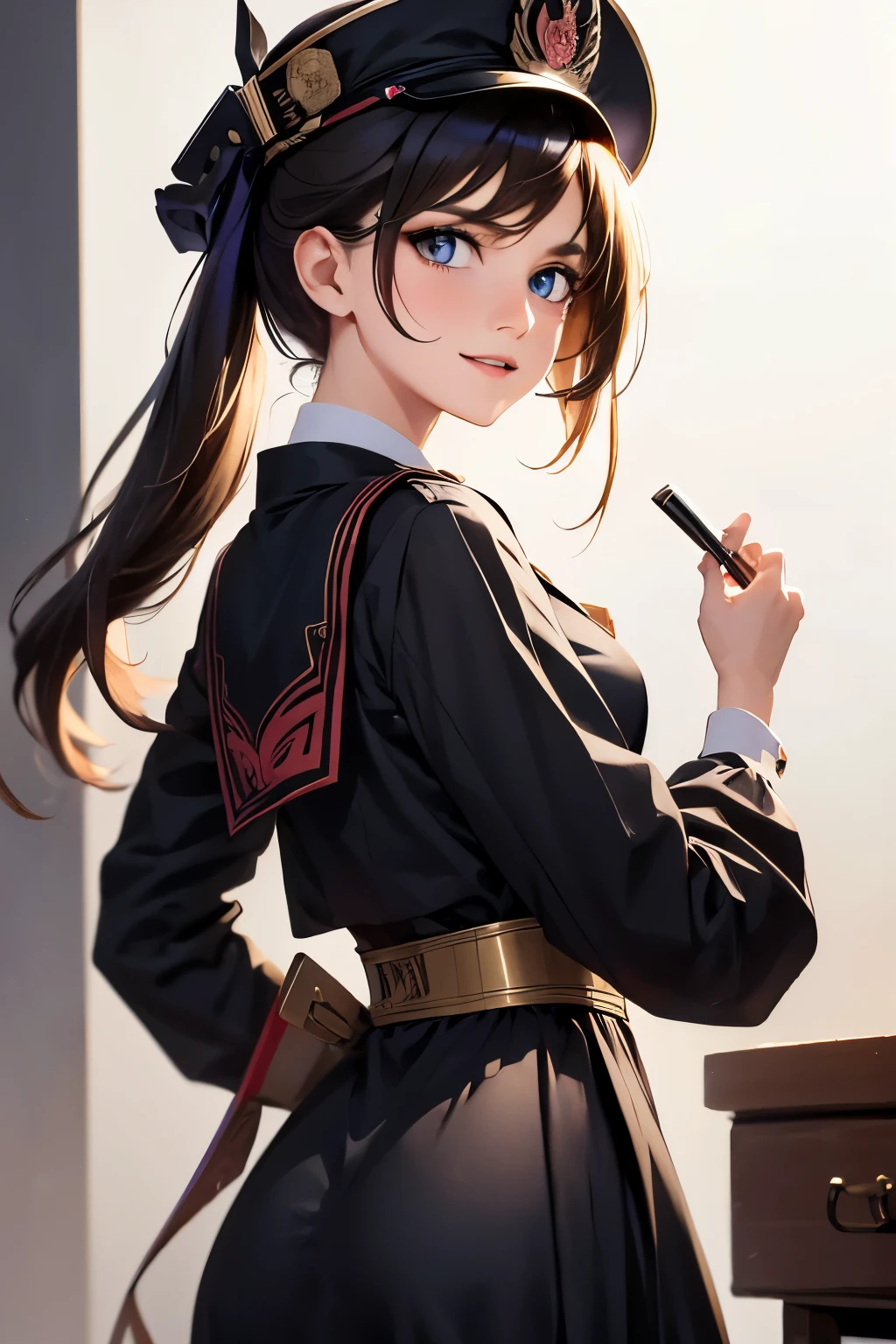 8620 (maitetsu),8620 (uniform),masterpiece, best quality, ultra-detailed, illustration,black dress,hat,looking back,:d,white background,((Eye highlights))