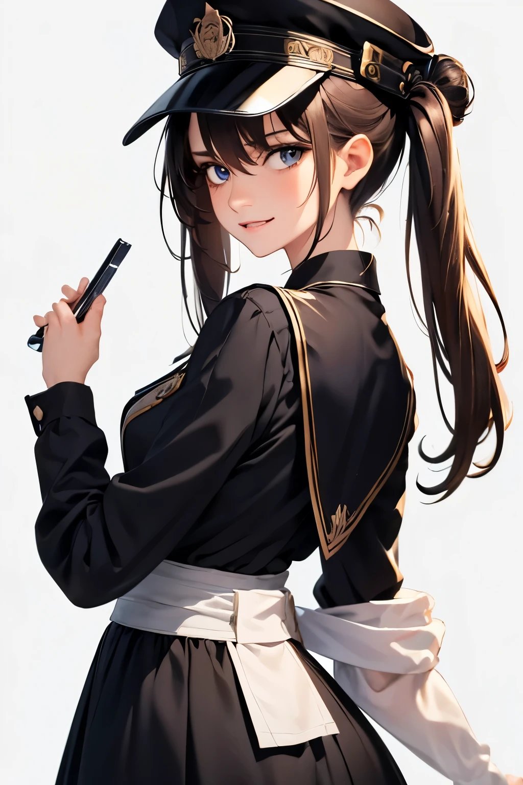 8620 (maitetsu),8620 (uniform),masterpiece, best quality, ultra-detailed, illustration,black dress,hat,looking back,:d,white background,((Eye highlights))