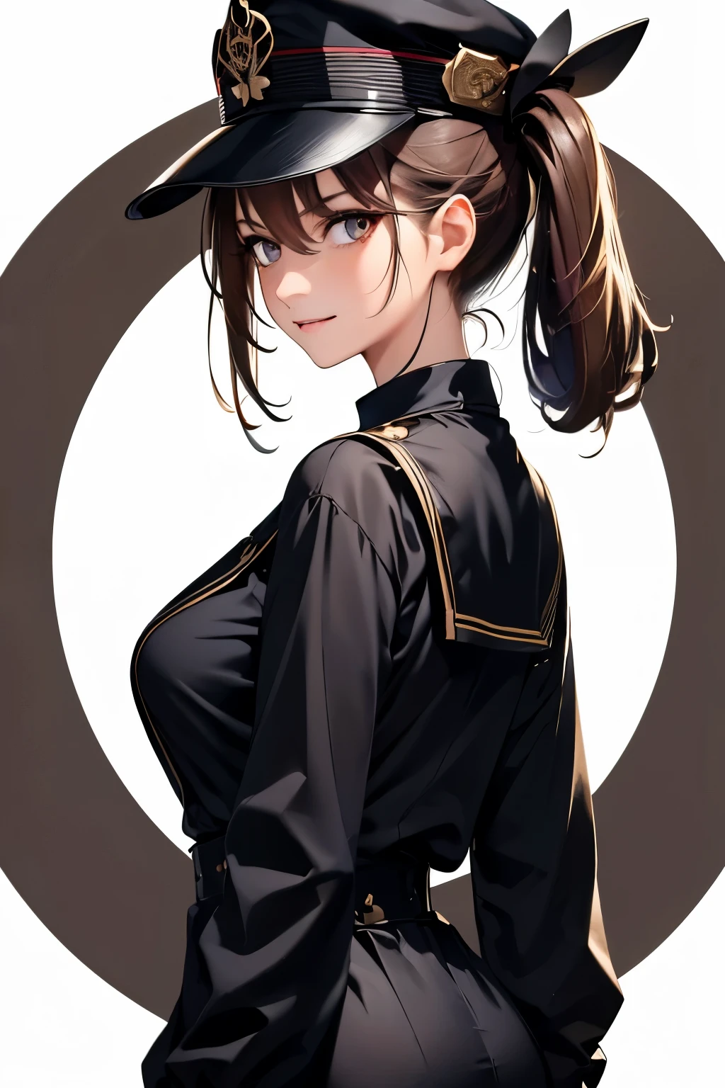 8620 (maitetsu),8620 (uniform),masterpiece, best quality, ultra-detailed, illustration,black dress,hat,looking back,:d,white background,((Eye highlights))