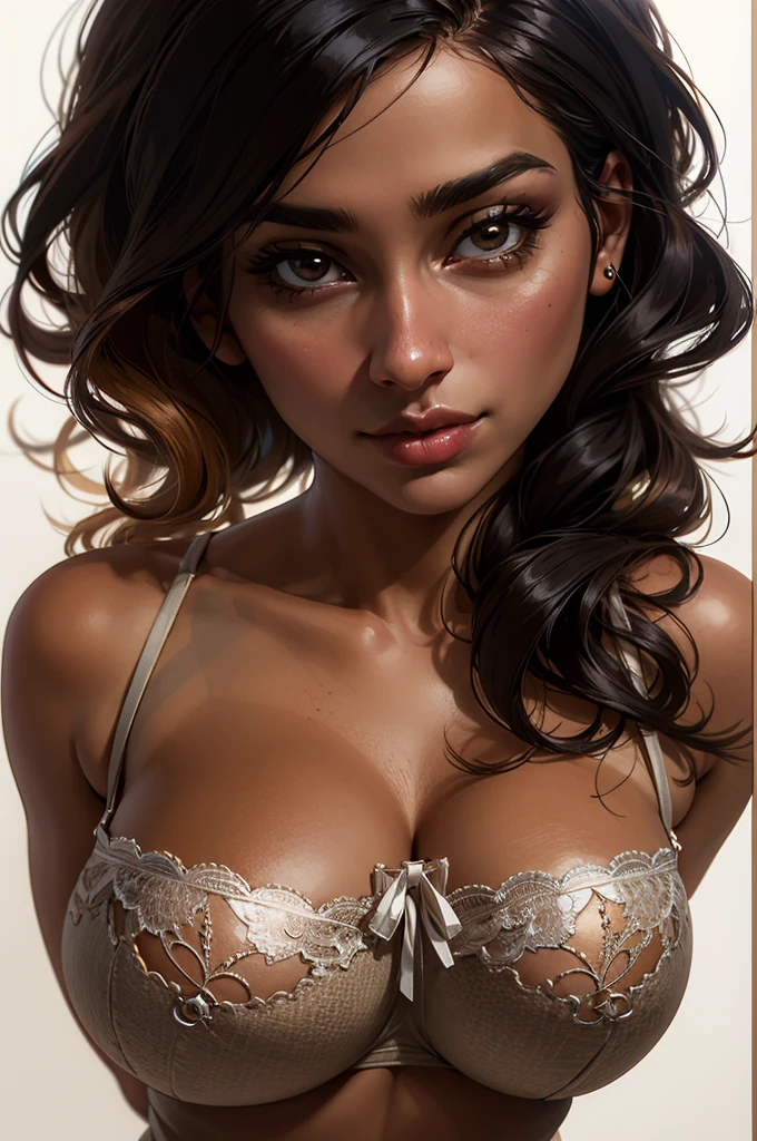 Mia Khalifa, ((Beautiful milf)), hourglass figure, enormous breasts, brown eyes, black hair, seductive face, lace underwear, tan skin, white background, look at camera, full body, masterpiece, best quality, ultra detailed, realistic