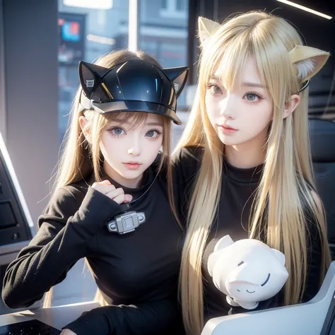 Cat ear helmet、Blonde、Looking through a rifle scope、Futuristic、Cyber Sense、Real、フォトReal、High resolution。