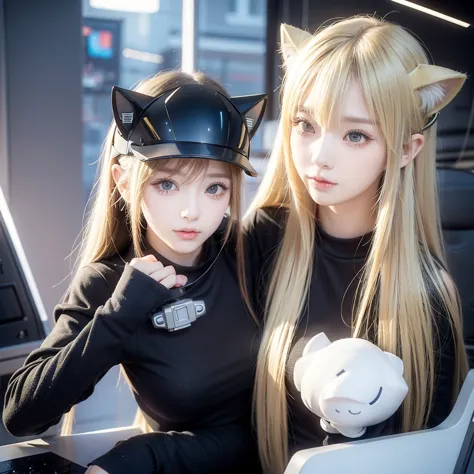 cat ear helmet、blonde、looking through a rifle scope、futuristic、cyber sense、real、フォトreal、high resolution。